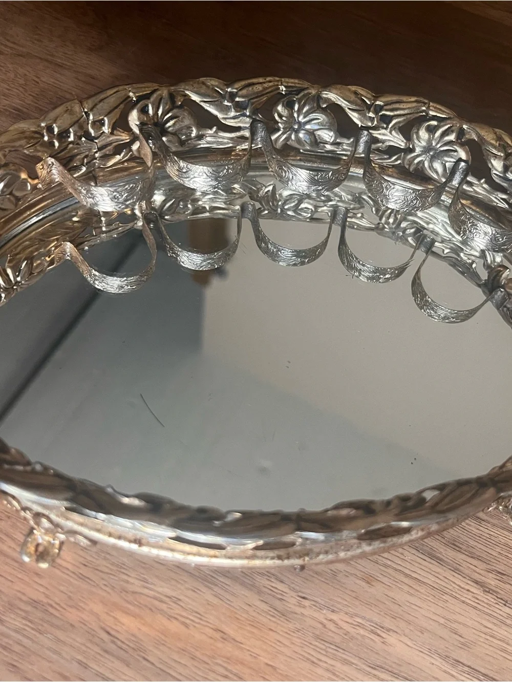 Vintage Ornate Silver Floral Mirror Vanity Lipstick Tray